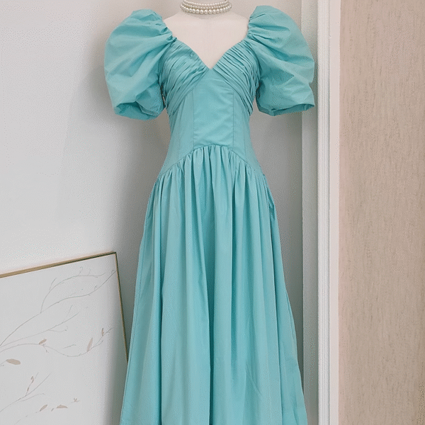 Simple A Line V Neckline Blue Satin Homecoming Dresses Birthday Outfits With Ruffles SD373