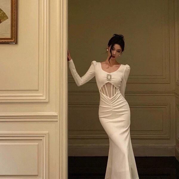 Sexy Sheath U Neckline White Long Sleeves Prom Dresses Birthday Dress SD409