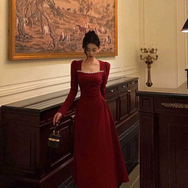 Simple A line Square Neckline Long Sleeves Red Prom Dresses Birthday Dress SD413