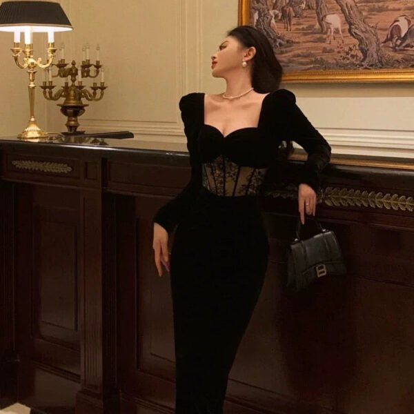 Sexy Sheath Sweetheart Velvet Black Long Sleeves Prom Dresses Evening Dress SD415