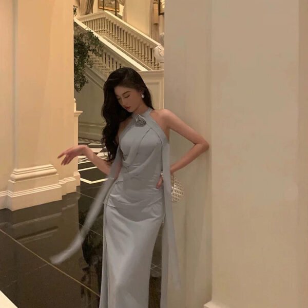 Sexy Sheath High Neckline Dusty Blue Satin Flowers Long Prom Dresses Evening Dress SD417