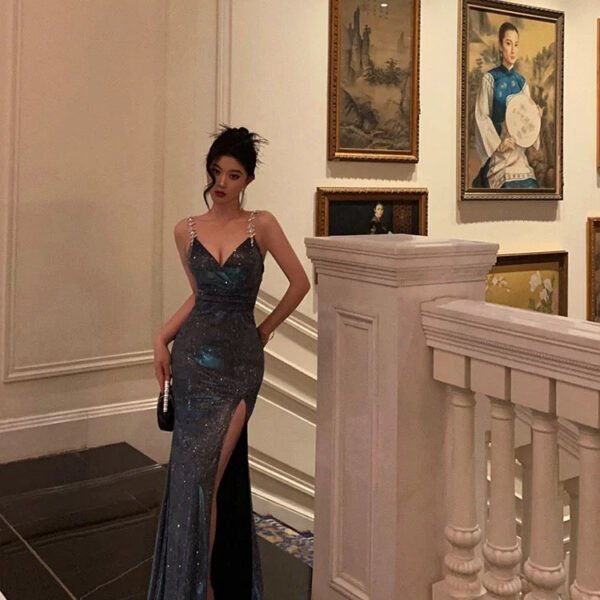 Sexy Sheath Straps Sequin Blue Slit Long Prom Dresses Evening Dress SD420