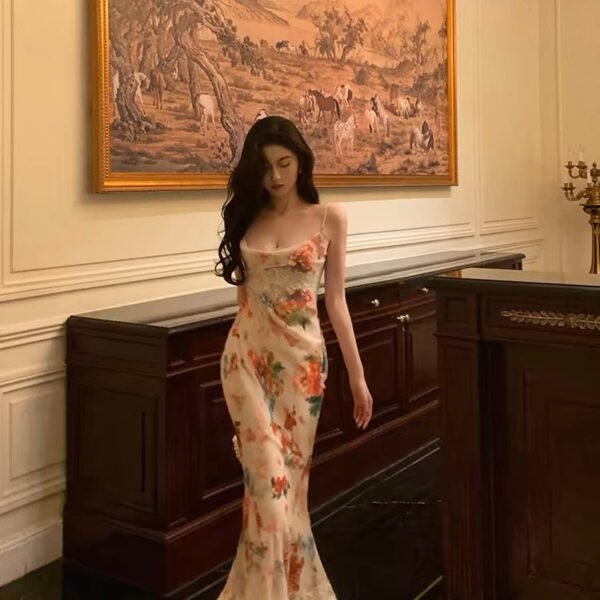 Sexy Sheath Spaghetti Straps Floral Ankle Length Prom Dresses Birthday Dress SD422