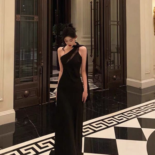 Sexy A Line One Shoulder Black Floor Length Prom Dresses Birthday Dress SD427