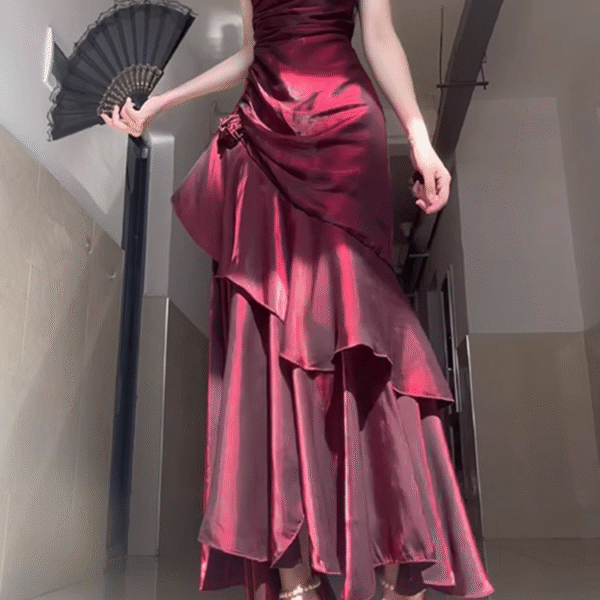 Chic Sheath Spaghetti Straps Burgundy Long Party Dresses Birthday Outfits SD434