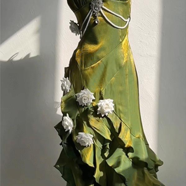 Vintage Sheath Irregular Ruffled Spaghetti Straps Women's Green Birthday Party Dresses SD437