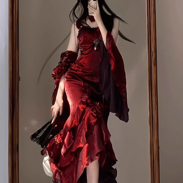 Vintage High Low Irregular Ruffled Spaghetti Straps Women's Burgundy Birthday Outfits Party Dresses With Sleeves SD441