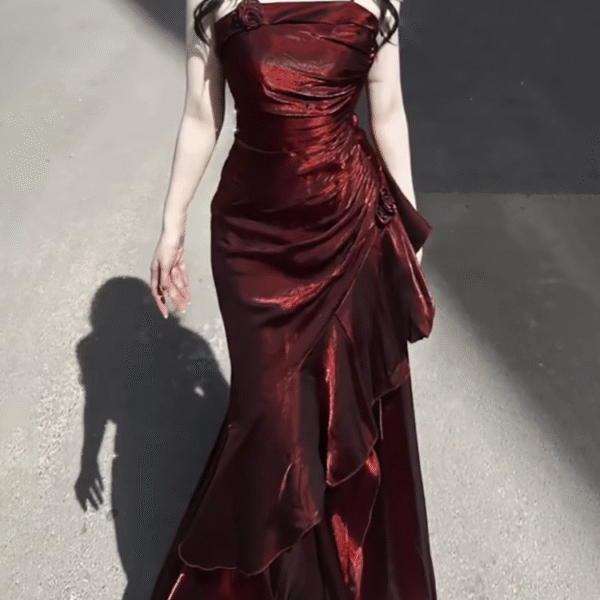 Vintage High Low Spaghetti Straps Burgundy Long Party Dresses Birthday Outfits SD451
