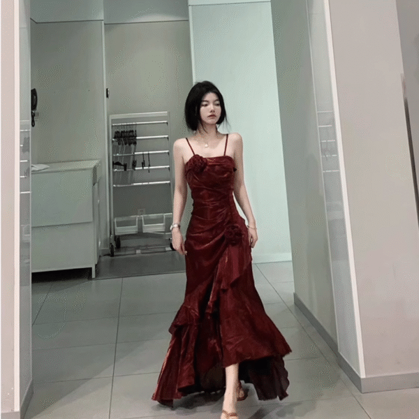Chic High Low Spaghetti Straps Burgundy Long Birthday Dresses Birthday Outfits SD454