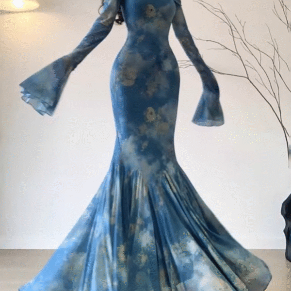 Retro Mermaid Off The Shoulder Floral Blue Long Sleeves Party Dresses Birthday Outfits SD529