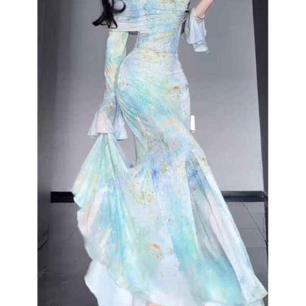 Retro Mermaid Off The Shoulder Floral Long Sleeves Party Dresses Birthday Outfits SD530