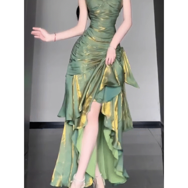 Retro Mermaid Spaghetti Straps Green Prom Dresses Birthday Outfits With Flower SD537