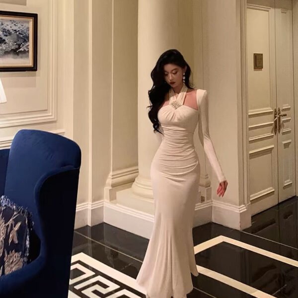 Stunning Sheath Halter Long Sleeves White Date Night Dress Ruffles Prom Dresses Birthday Outfit SD773