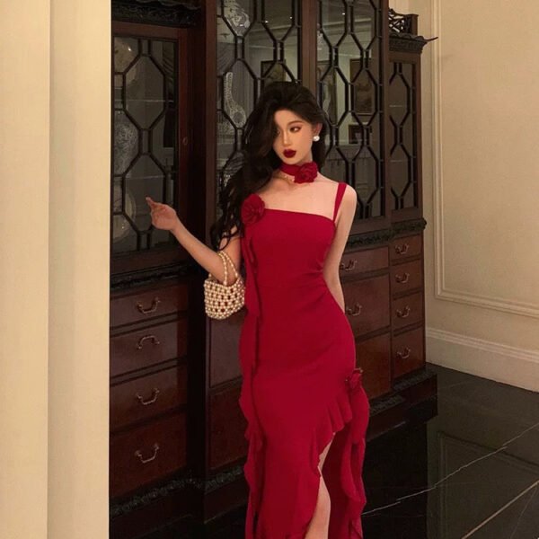 Stunning Sheath Spaghetti Straps Red Ruffles Date Night Dress Prom Dresses Birthday Outfit SD794