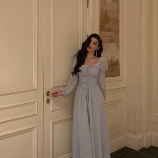 Stunning A line Square Neckline Long Sleeves Chiffon Blue Date Night Dress Prom Dresses Birthday Party Outfit SD880