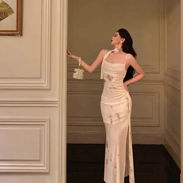 Classy Sheath Spaghetti Straps Ivory Floral Prom Dresses Birthday Outfits Evening Gown SD998