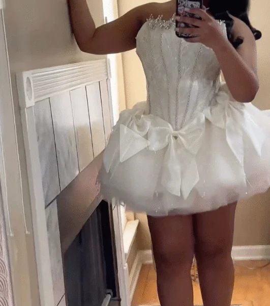 White Strapless A-Line Tulle Birthday Outfits Short Party Dress Classy  Graduation Homecoming Dress S498