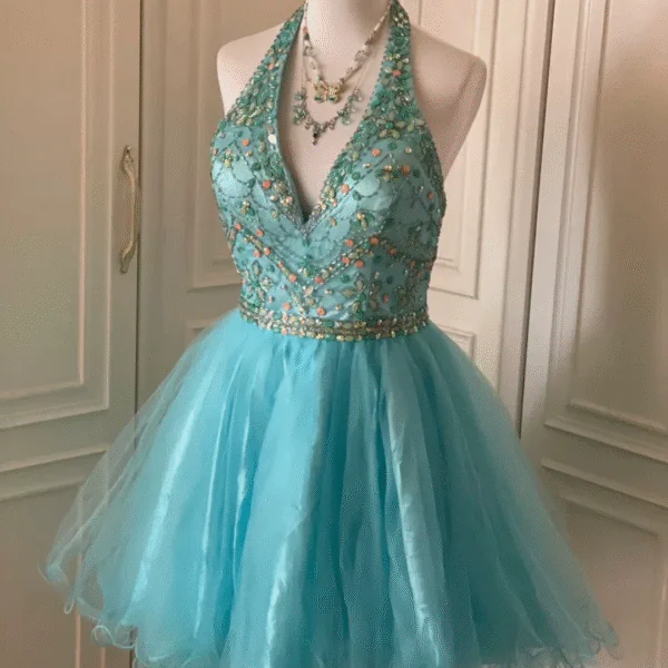 Vintage Blue Tulle Beaded Sleeveless A Line Birthday Dress Homecoming Dress S541