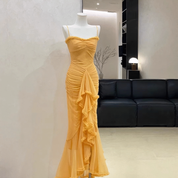 Sexy Spaghetti Straps Chiffon Pleated Mermaid Party Dress Yellow Birthday Dress S288