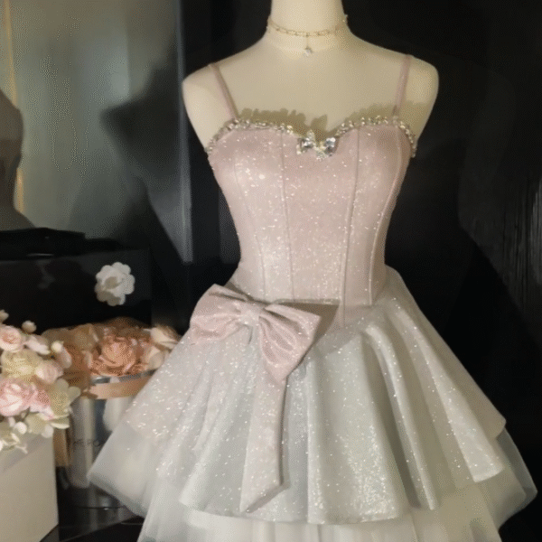 Glitter Spaghetti Straps Sweetheart Neck A Line Short Homecoming Dress Birthday Outfits S655