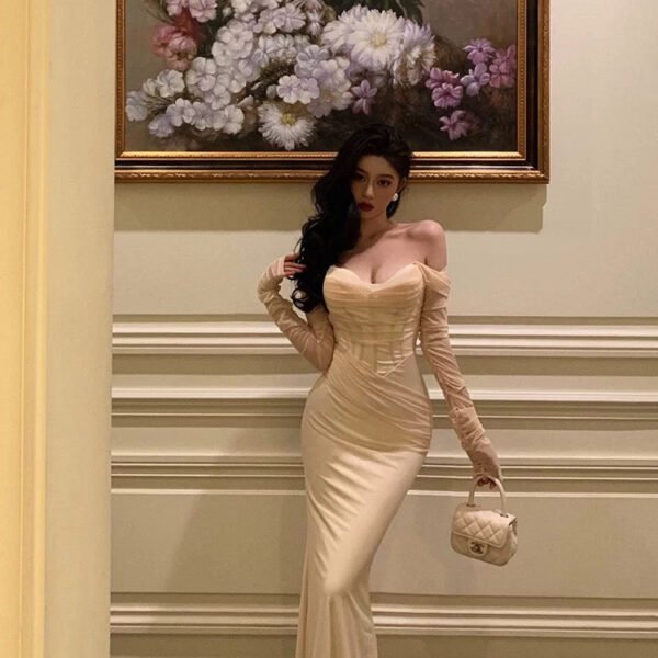 Chic Mermaid Off The Shoulder Long Sleeves White Long Prom Dresses Birthday Dress SD291